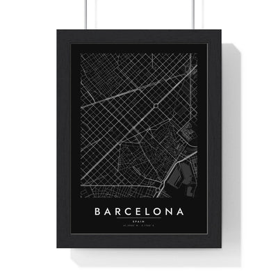 Barcelona street map poster in black, minimal city map print framed in a black frame