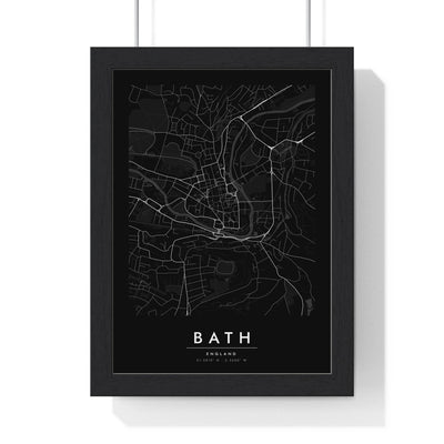 Bath street map poster in black, minimal city map print framed in a black frame