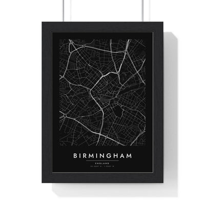 Birmingham street map poster in black, minimal city map print framed in a black frame