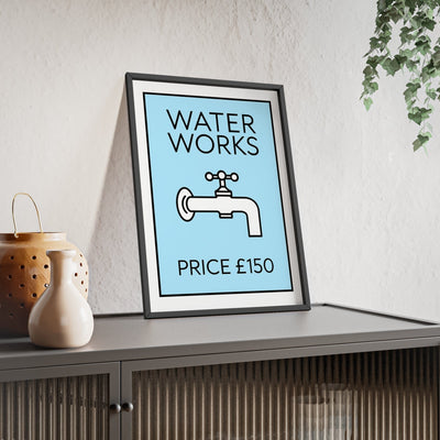 Framed BLue Water Works Funny Bathroom Monopoly-Inspired print