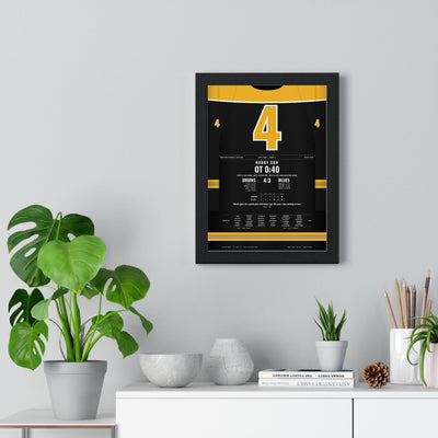 Bobby Orr 1970 Cup Final Overtime Goal Poster - Boston Bruins 4 Hockey Jersey Print framed on a living room wall