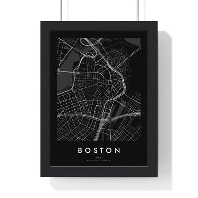 Boston street map poster in black, minimal city map print framed in a black frame