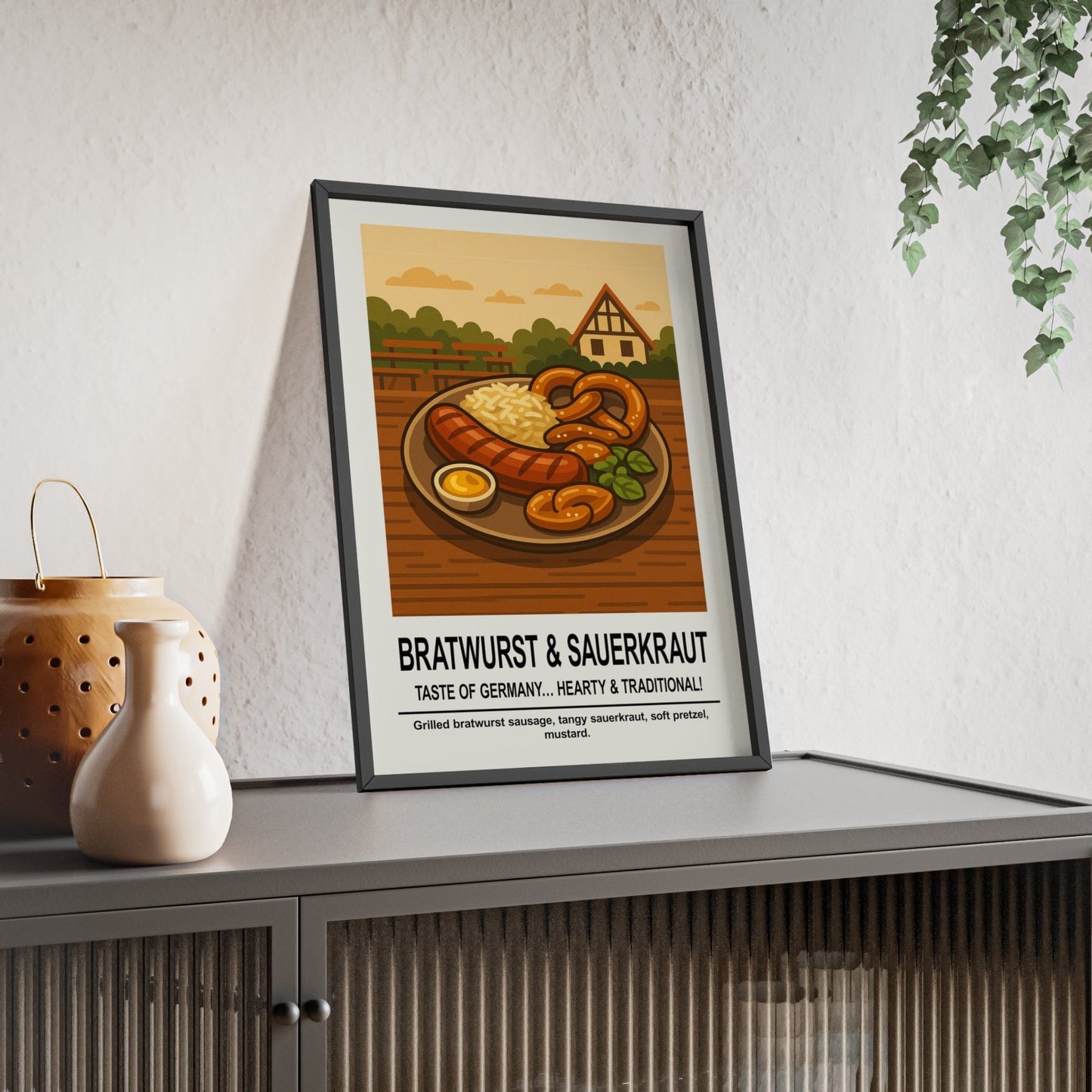 Framed Bratwurst & Sauerkraut Kitchen - German Food Print print