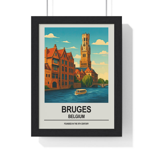 Bruges Belgium vintage travel poster showing the Belfry tower and canals, framed wall art
