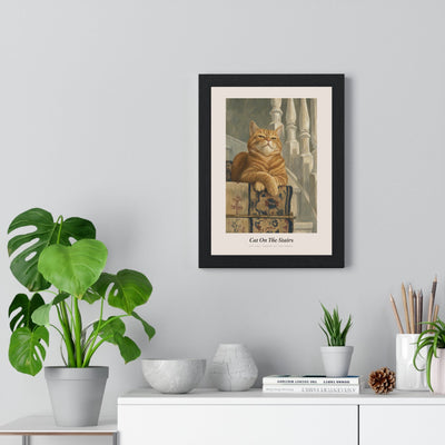 Cat on the Stairs Print framed on a living room wall