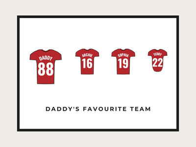 Close-up of personalised football shirt print with individual family member names and squad numbers
