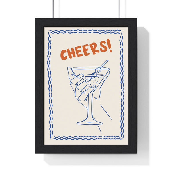 Cheers cocktail kitchen print with martini glass illustration, framed wall art
