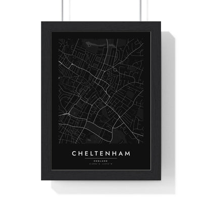 Cheltenham street map poster in black, minimal city map print framed in a black frame