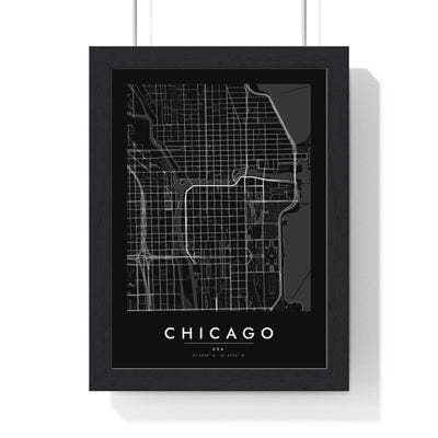 Chicago street map poster in black, minimal city map print framed in a black frame