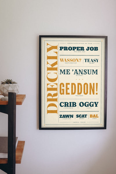 Cornish Slang Print framed on a wall