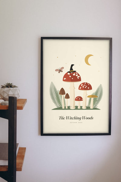 Cottagecore Mushroom Print - witchy mushroom and moon print on a bedroom wall