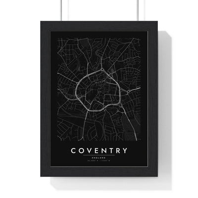 Coventry street map poster in black, minimal city map print framed in a black frame
