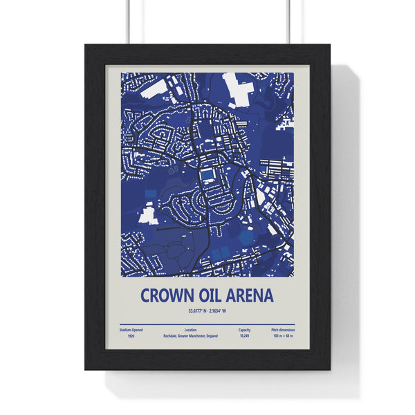 Framed Crown Oil Arena Rochdale stadium map poster showing street layout and ground location
