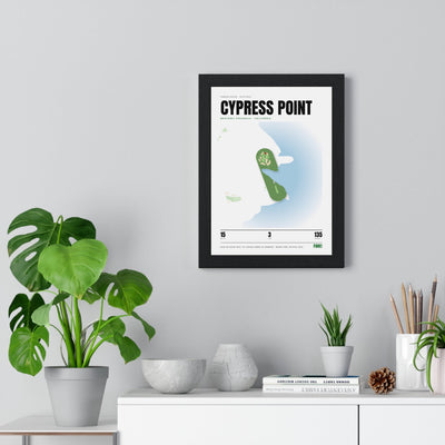Cypress Point 15th Hole White print framed on a living room wall