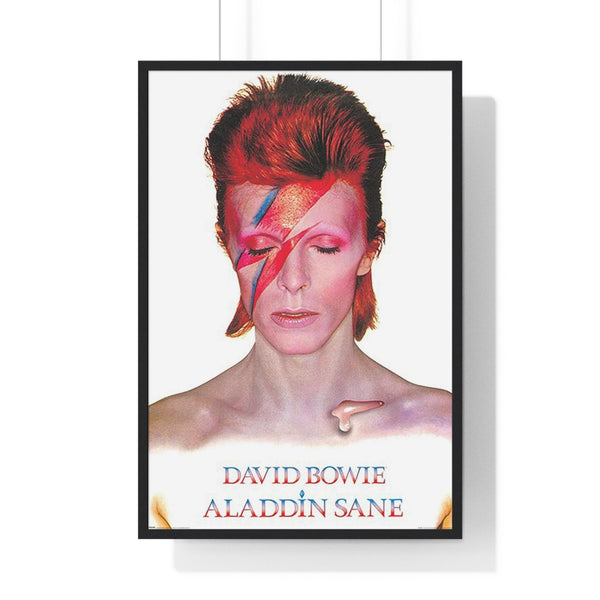David Bowie Aladdin Sane album artwork maxi poster framed, featuring the iconic red and blue lightning bolt design
