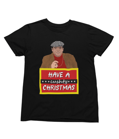 Black t-shirt with Del Boy Christmas Jumper & - Lovely Jubbly Have a Cushty Christmas Parody front view