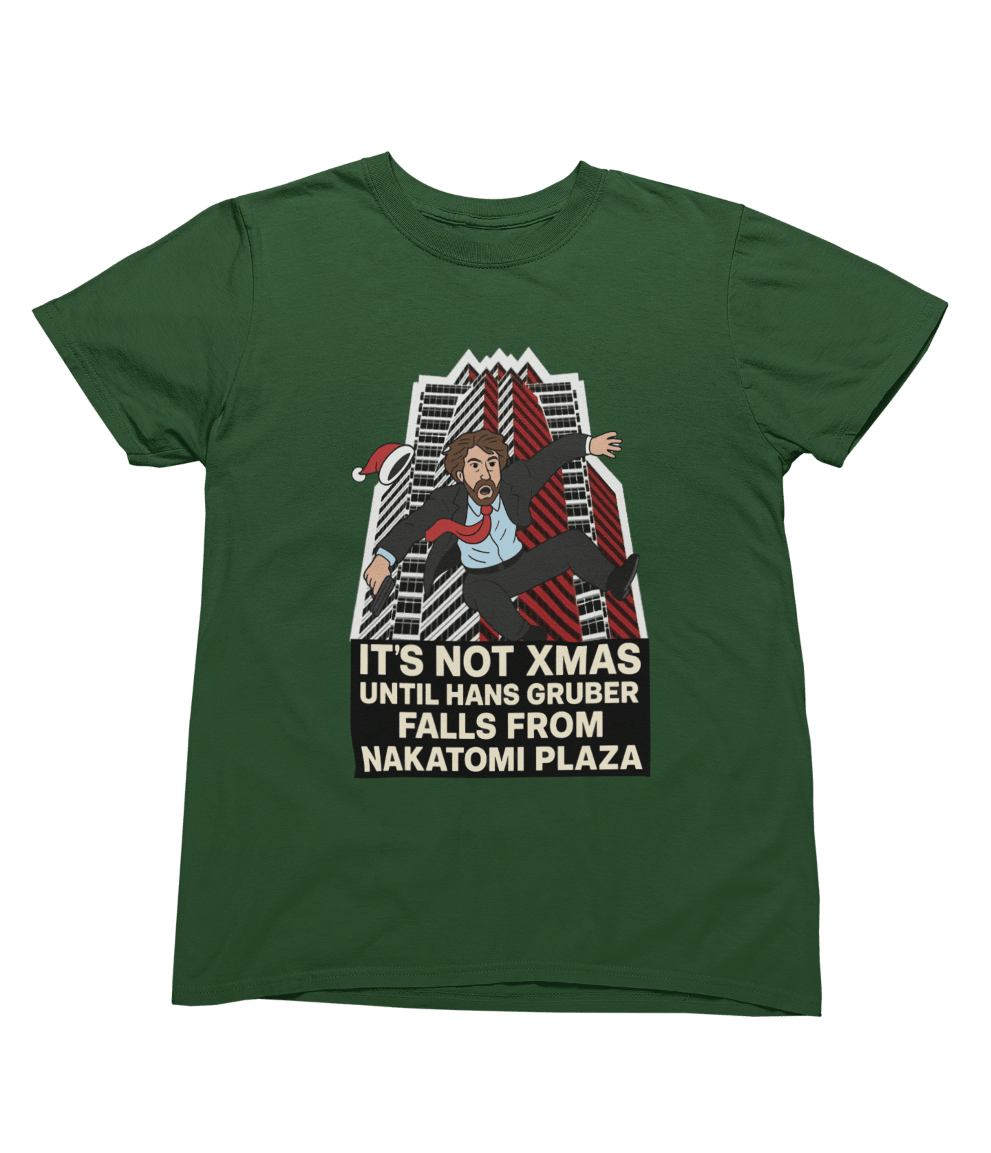 Black t-shirt with Die Hard Christmas Sweatshirt & Hans Gruber Parody