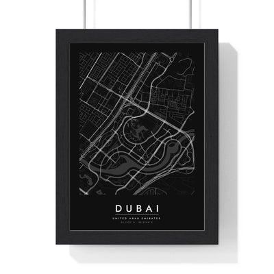 Dubai street map poster in black, minimal city map print framed in a black frame
