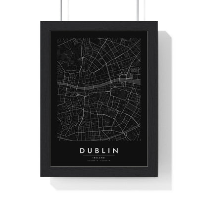 Dublin street map poster in black, minimal city map print framed in a black frame