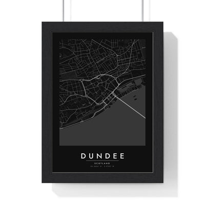 Dundee street map poster in black, minimal city map print framed in a black frame
