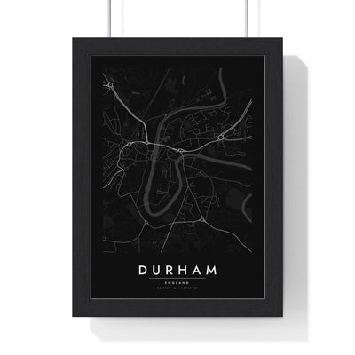 Durham street map poster in black, minimal city map print framed in a black frame