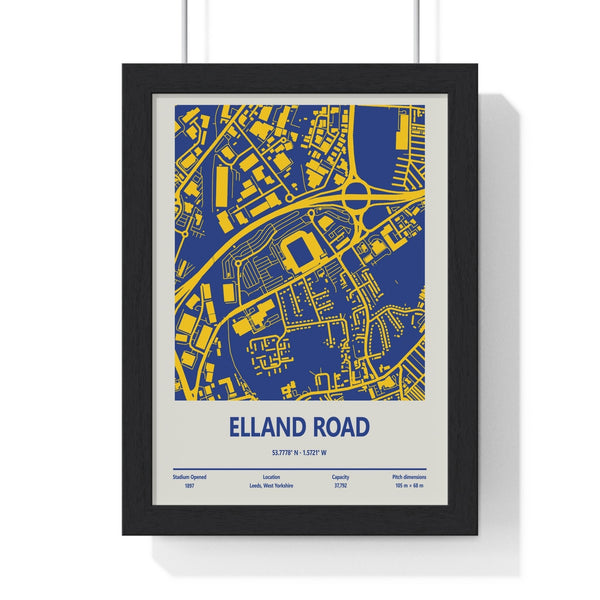 Elland Road stadium map print in black frame with blue and yellow design