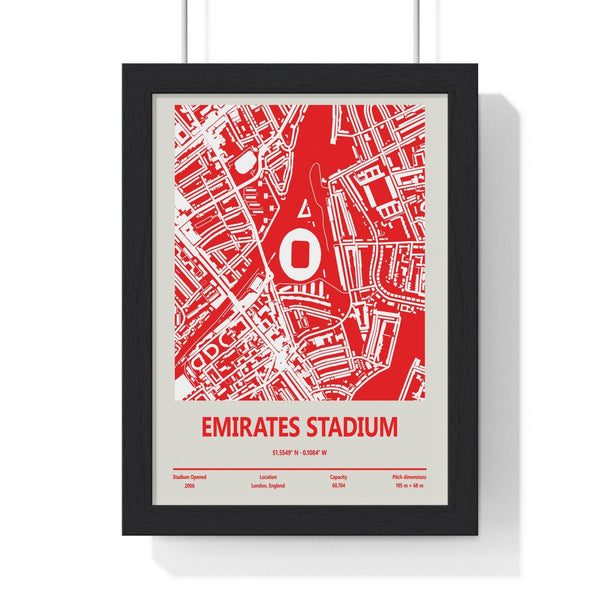 Emirates Stadium map print framed in Poster Kingz red frame