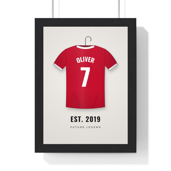 Personalised Kids Football Shirt Print - framed red shirt