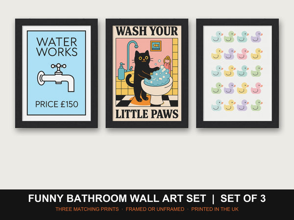 Funny Bathroom Wall Art Set | Set of 3 Prints: Water Works, Wash Your Paws, Rubber Ducks
