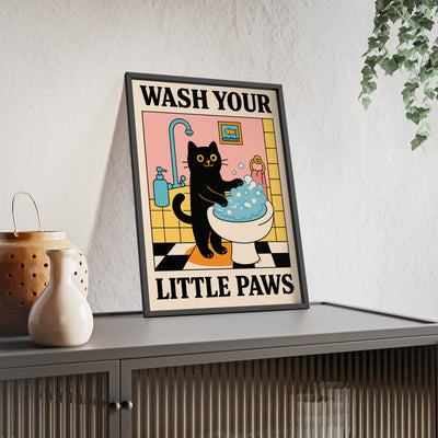 Framed Funny Cat Bathroom Print - Wash Your Little Paws print