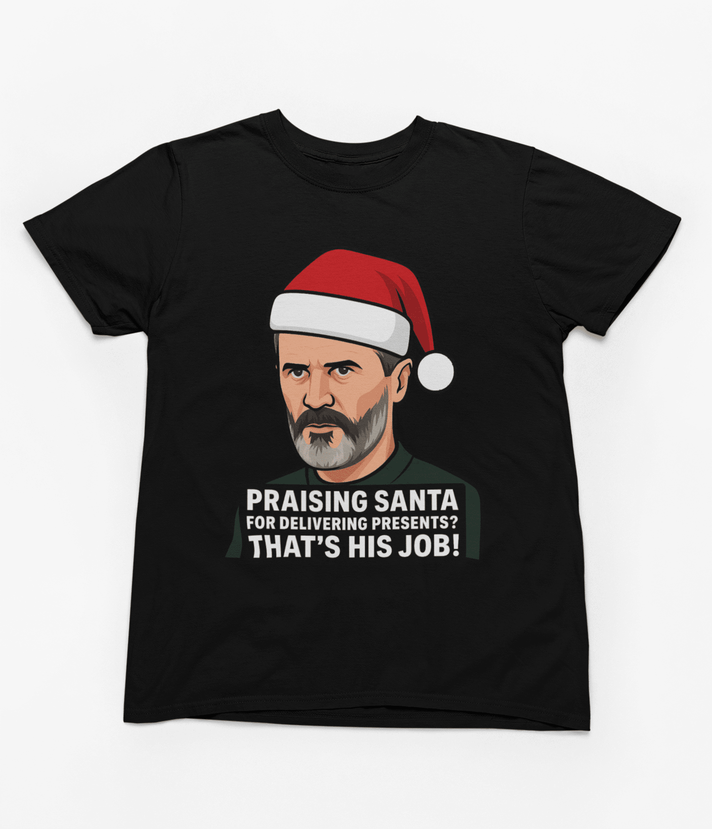 Black t-shirt with Roy Keane Christmas Sweatshirt & Santa Parody Jumper