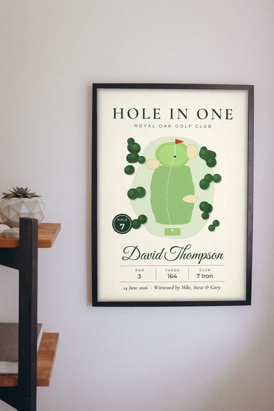 Personalised Hole in One Golf Print - Lifestyle - hanging on a living room wall