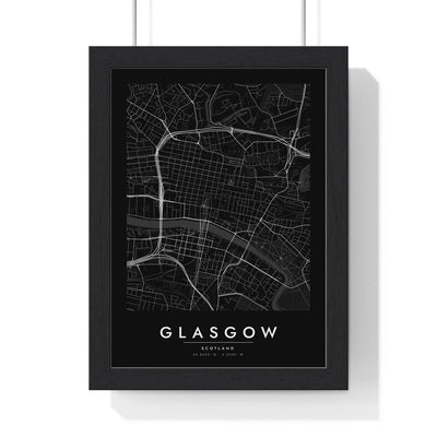 Glasgow street map poster in black, minimal city map print framed in a black frame