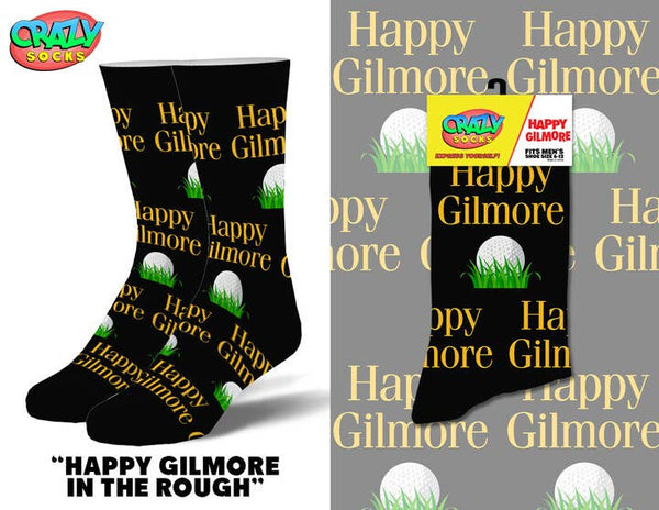 Happy Gilmore inspired golf novelty crew socks with golf ball graphics on black background