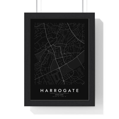 Harrogate street map poster in black, minimal city map print framed in a black frame