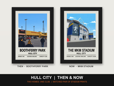 Hull City Then & Now Stadium Set | Boothferry Park + MKM Stadium Prints - framed prints shown together as a set