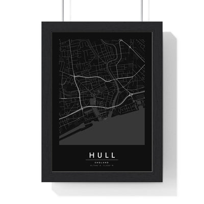 Hull street map poster in black, minimal city map print framed in a black frame