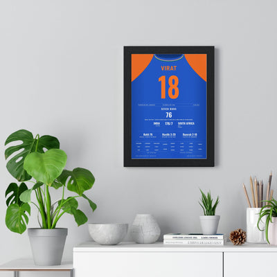 Virat Kohli Barbados 2024 T20 Final Cricket Poster - 76 Shirt Print framed on a living room wall