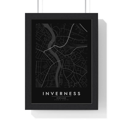 Inverness street map poster in black, minimal city map print framed in a black frame