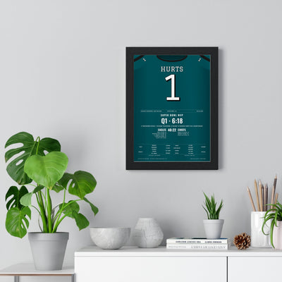 Philadelphia Eagles Super Bowl LIX Poster - Jalen Hurts 1 MVP Jersey Print framed on a living room wall