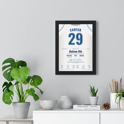 Joe Carter 1993 World Series Walk-Off Home Run Poster - Toronto Blue Jays 29 Jersey Print framed on a living room wall