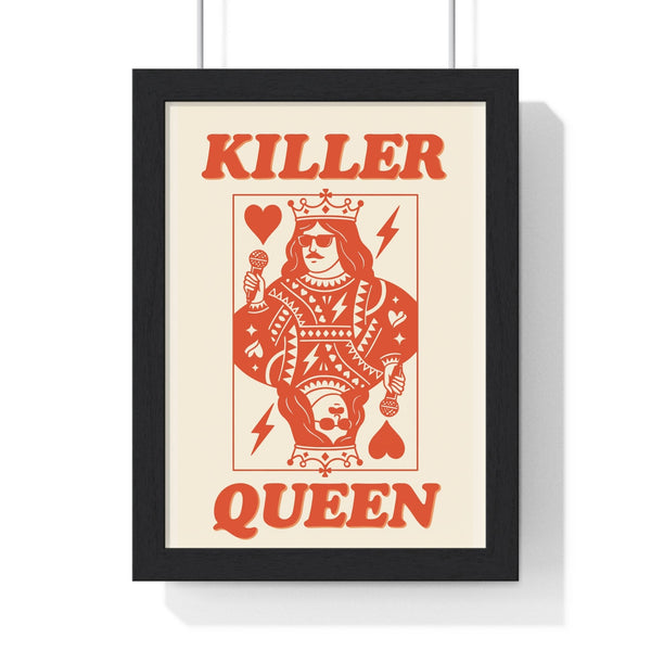 Killer Queen poster framed in black frame, bold playing card design with red tones on cream background