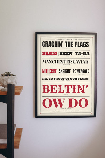 Lancashire Slang Print framed on a wall