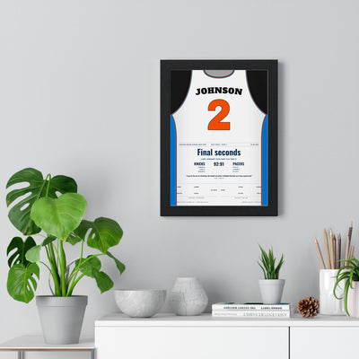 Larry Johnson 1999 Four-Point Play Poster - New York Knicks 2 East Finals Game 3 Jersey Print framed on a living room wall
