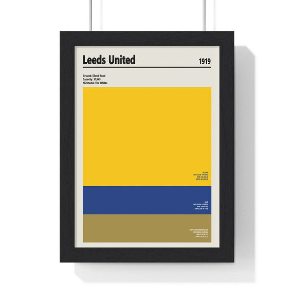 Leeds United colour swatch print framed in white frame on living room wall