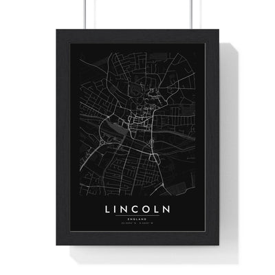 Lincoln street map poster in black, minimal city map print framed in a black frame