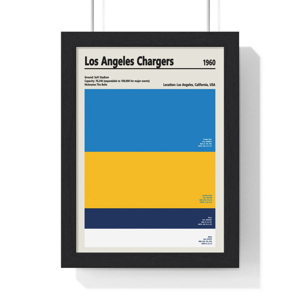 Los Angeles Chargers colour swatch framed print showing powder blue, gold and navy team colours