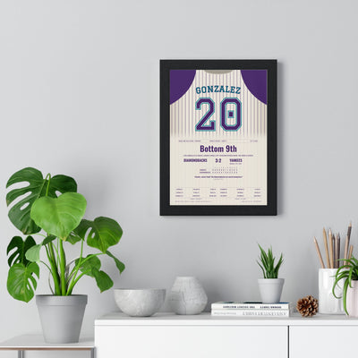Luis Gonzalez 2001 World Series Game 7 Winning Hit Poster - Arizona Diamondbacks 20 Jersey Print framed on a living room wall