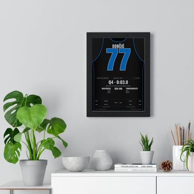 Luka Dončić 2024 West Finals Game 2 Poster - Dallas Mavericks 77 Game-Winner Jersey Print framed on a living room wall