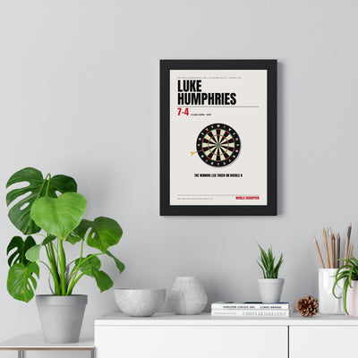Luke Humphries World Darts Champion 2024 print framed on a living room wall